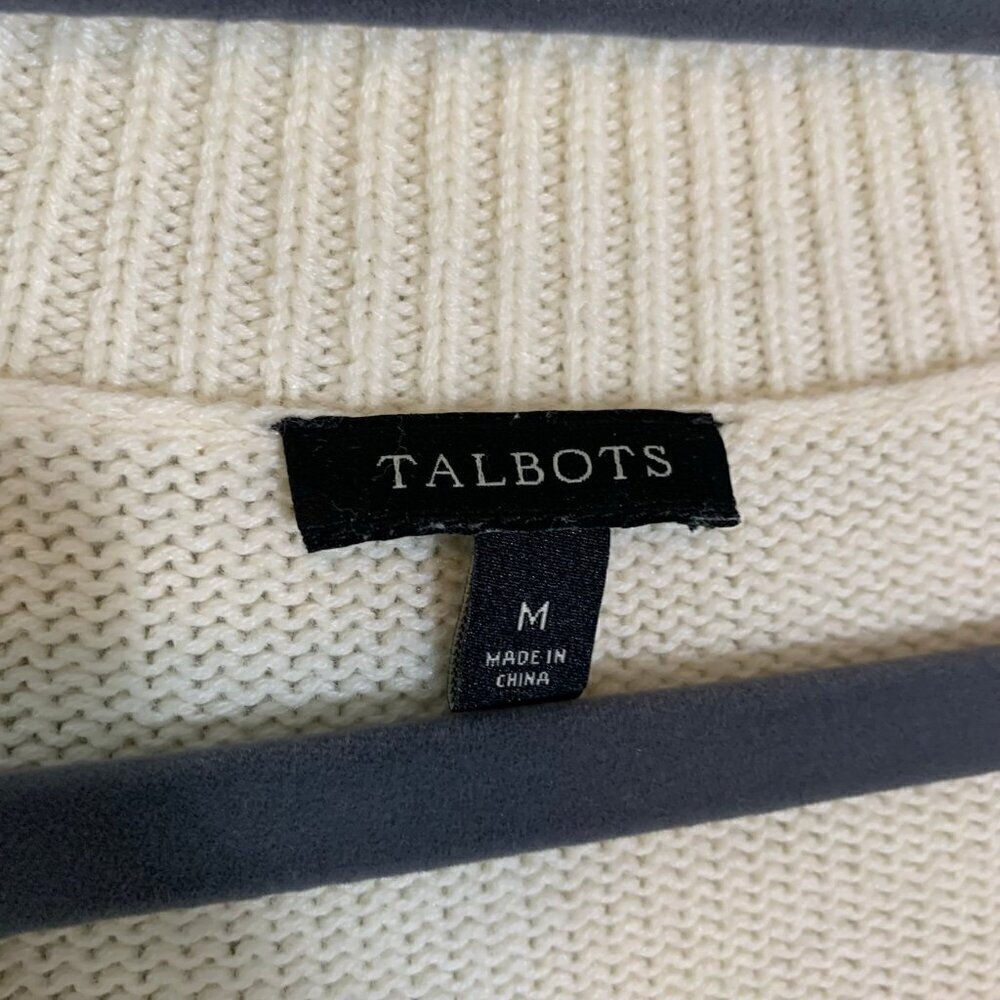 Talbots Cable Knit Sweater Women Medium Ivory V-Neck Lambswool Blend - Picture 6 of 10